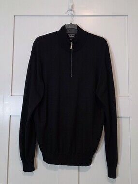 Neiman Marcus 1/4 Zip Merino Wool Blend Sweater Black Stretch Size XL